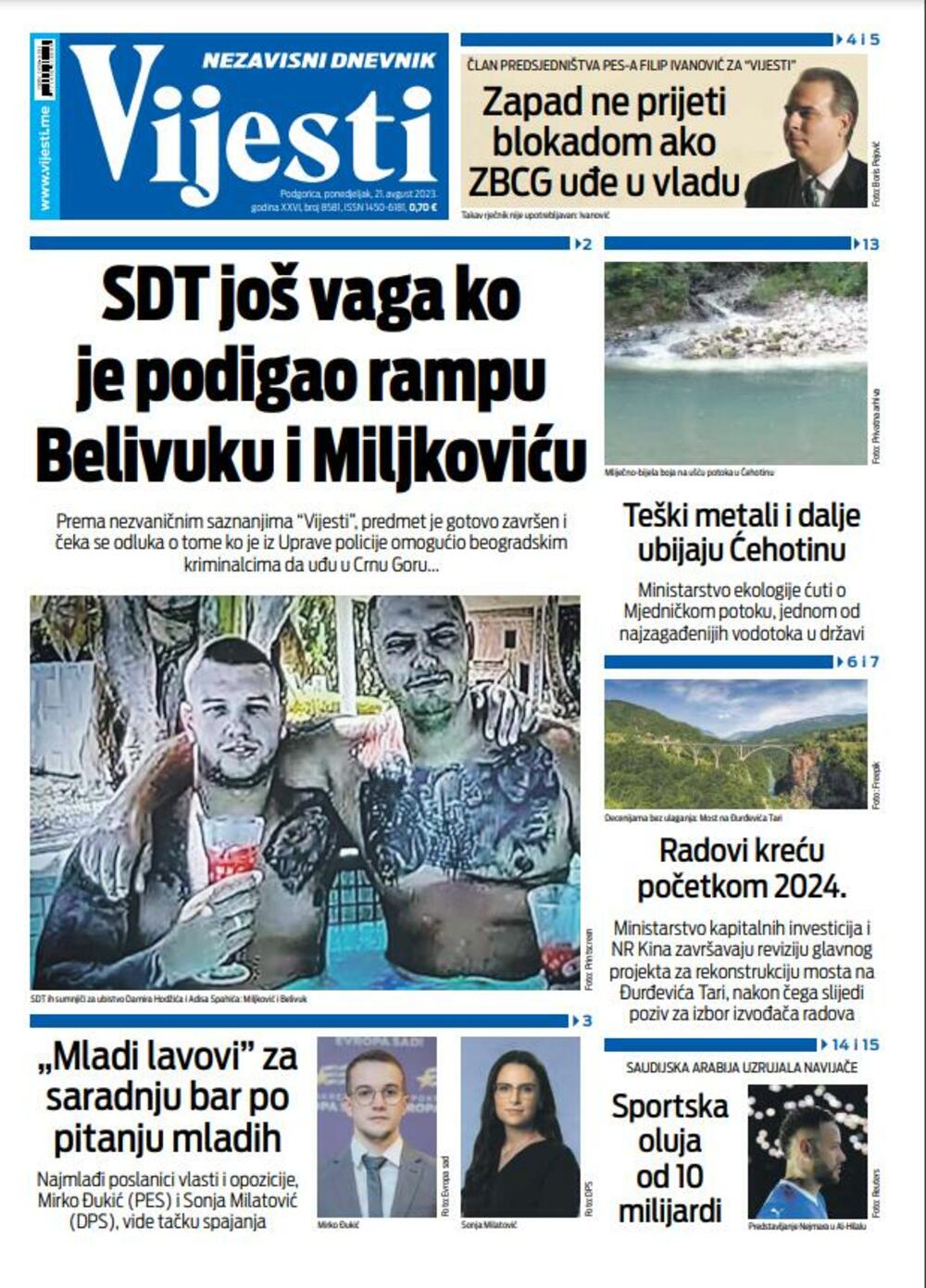 Naslovna strana "Vijesti" za 21. avgust 2023., Foto: Vijesti