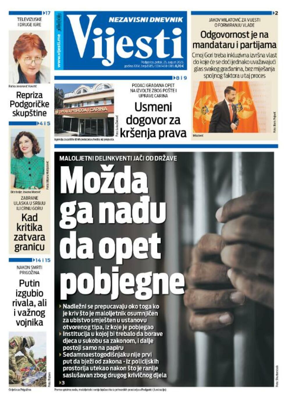 Naslovna strana 'Vijesti' za 25. avgust. 2023.