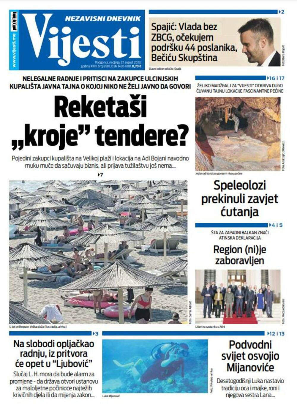 Naslovna strana "Vijesti" za 27. avgust 2023., Foto: Vijesti