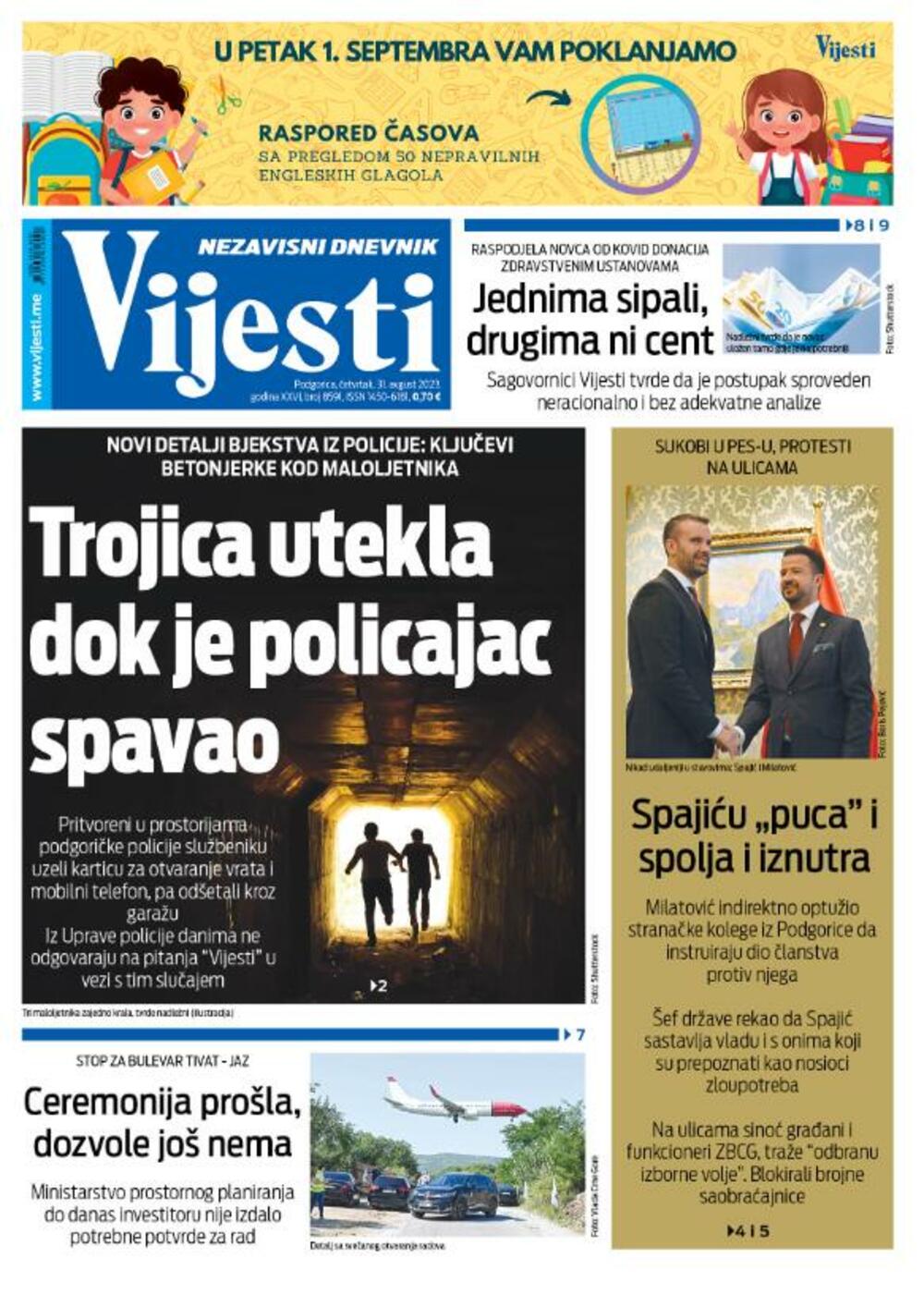 Naslovna strana "Vijesti" za 31. avgust, Foto: Vijesti