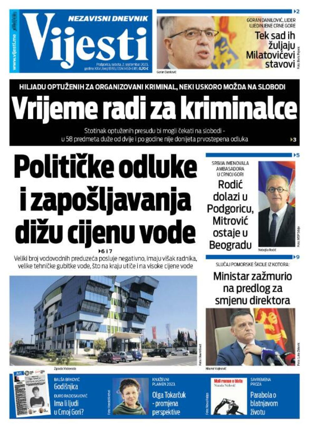 Naslovna strana "Vijesti" za 2. septembar 2023., Foto: Vijesti