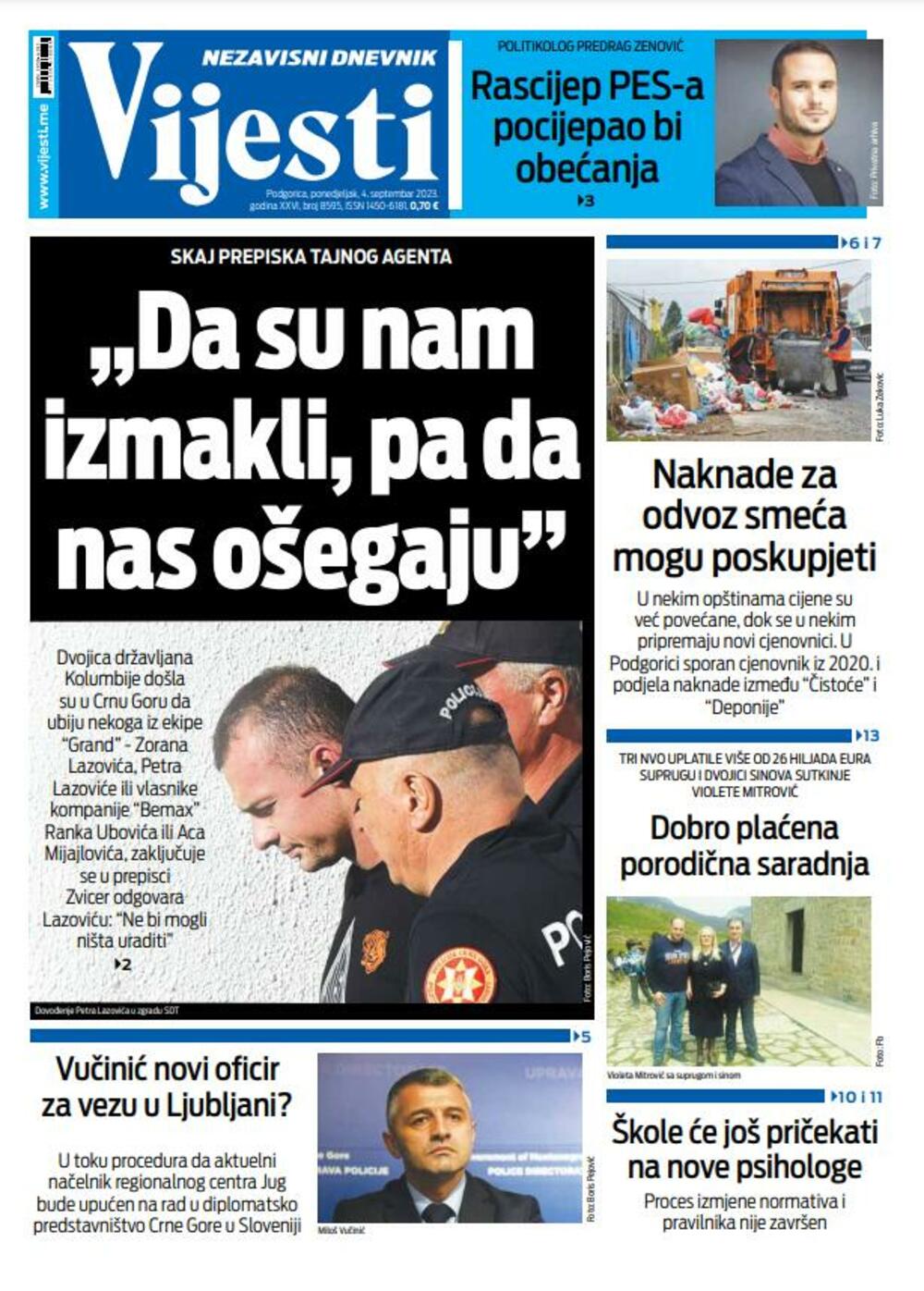 Naslovna strana "Vijesti" za 4. septembar 2023., Foto: Vijesti