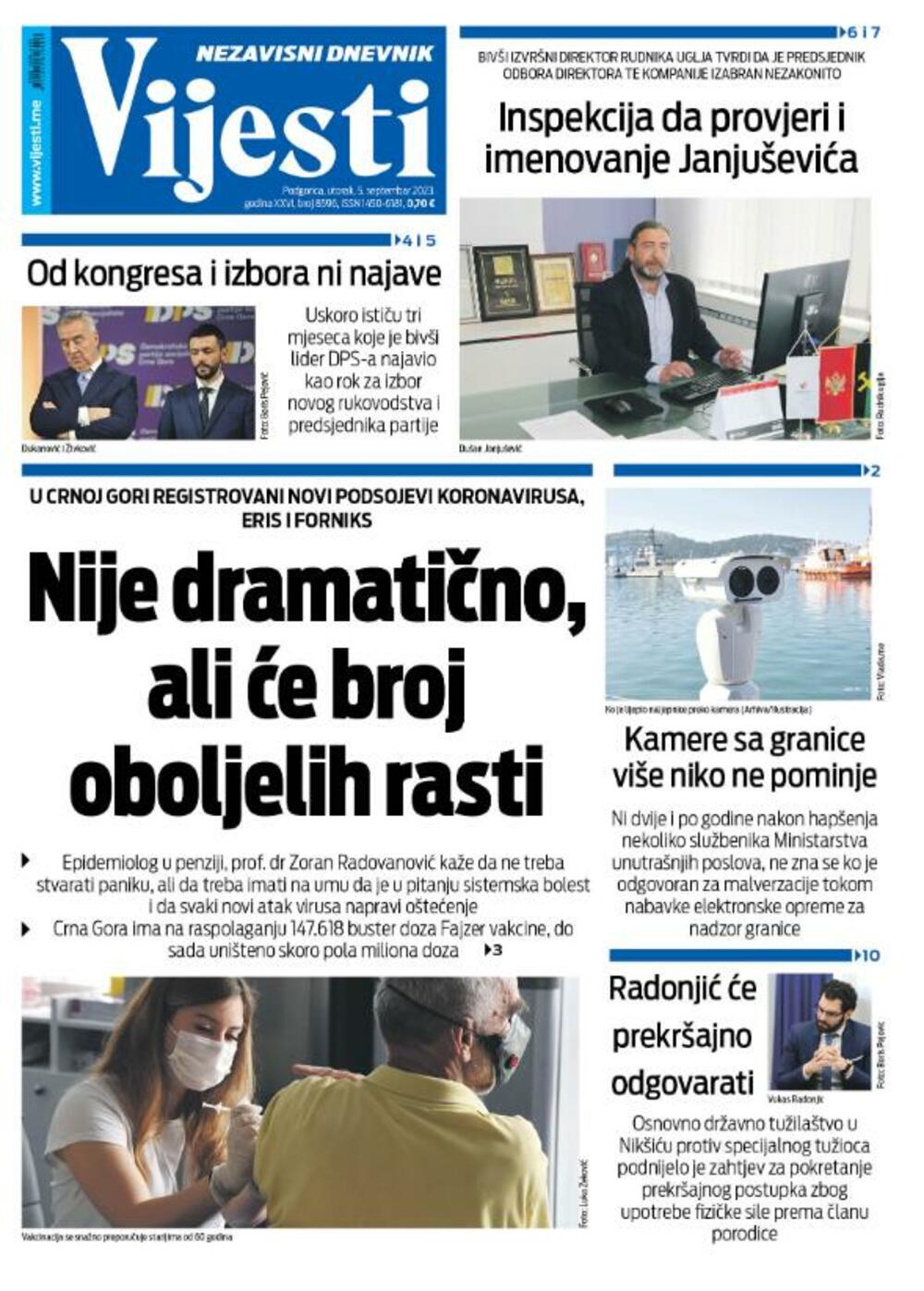 Naslovna strana "Vijesti" za 5. septembar 2023., Foto: Vijesti