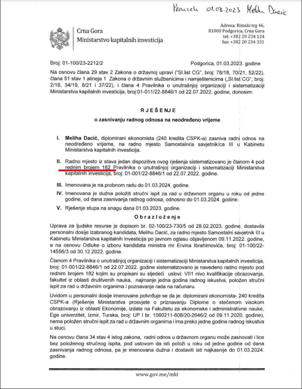 Meliha Dacić ugovor