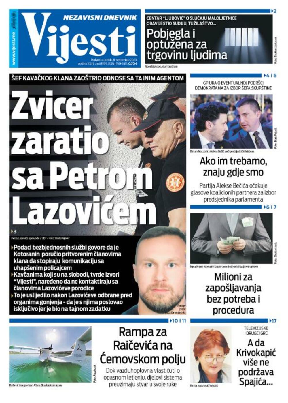 Naslovna strana "Vijesti" za 8. septembar 2023., Foto: Vijesti