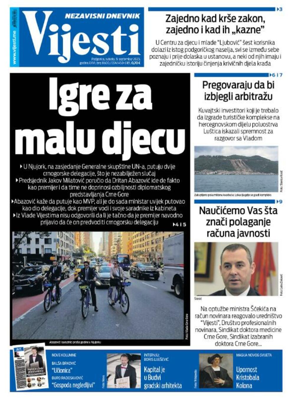 Naslovna strana "Vijesti" za 9. septembar 2023., Foto: Vijesti