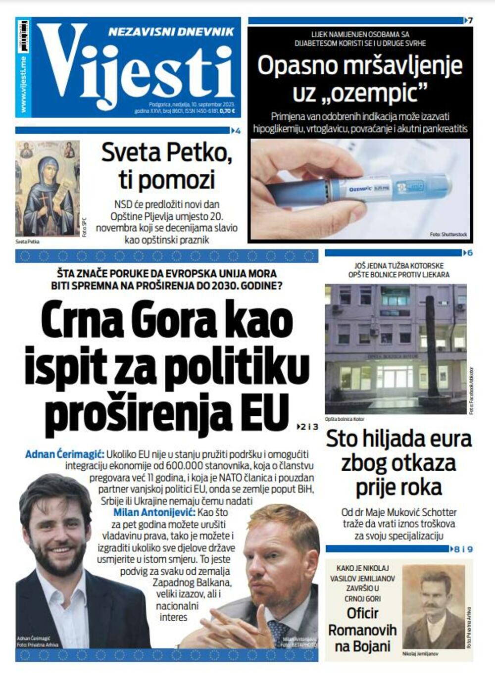 Naslovna strana "Vijesti" za 10. septembar 2023., Foto: Vijesti