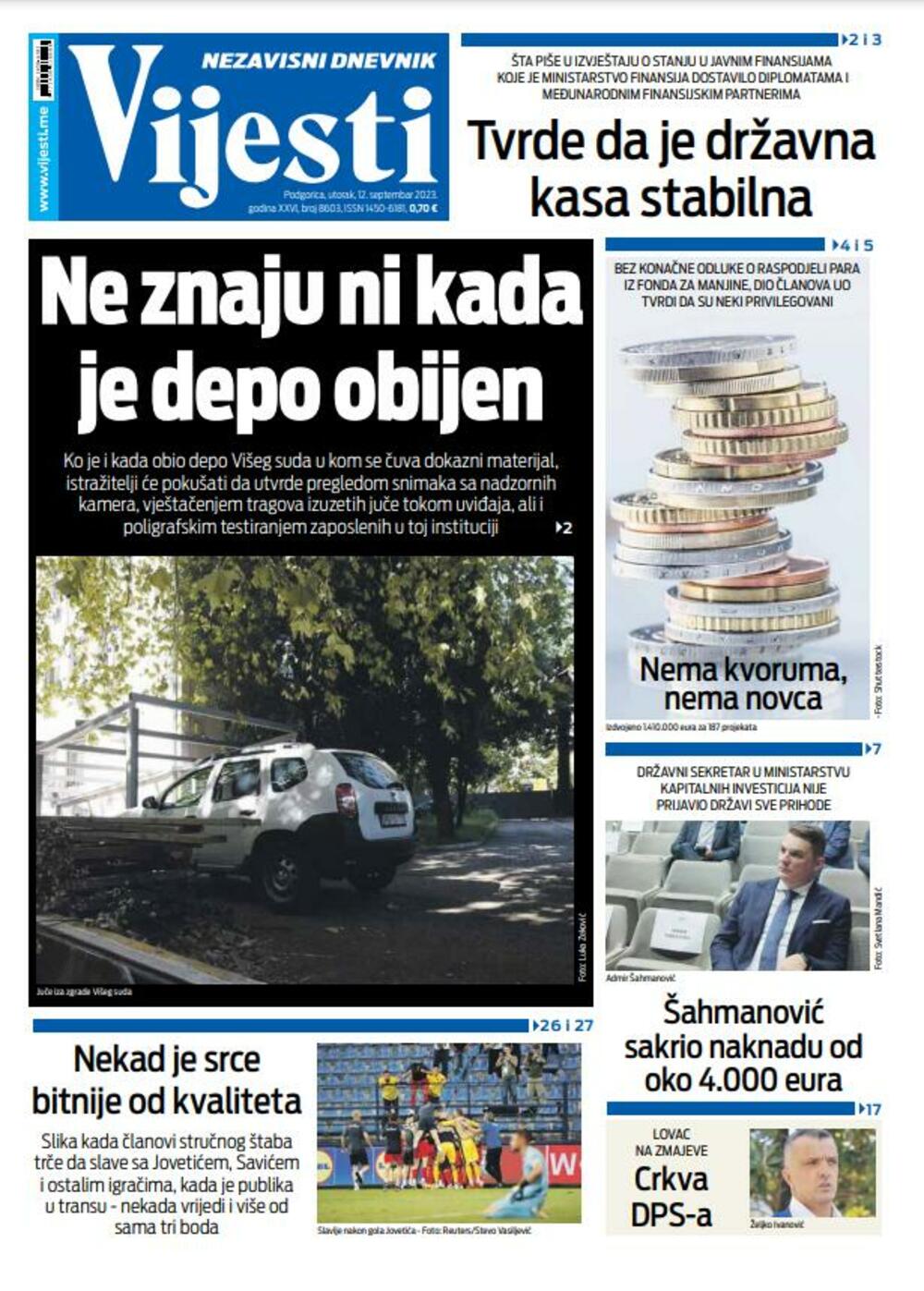 Naslovna strana "Vijesti" za 12. septembar 2023., Foto: Vijesti
