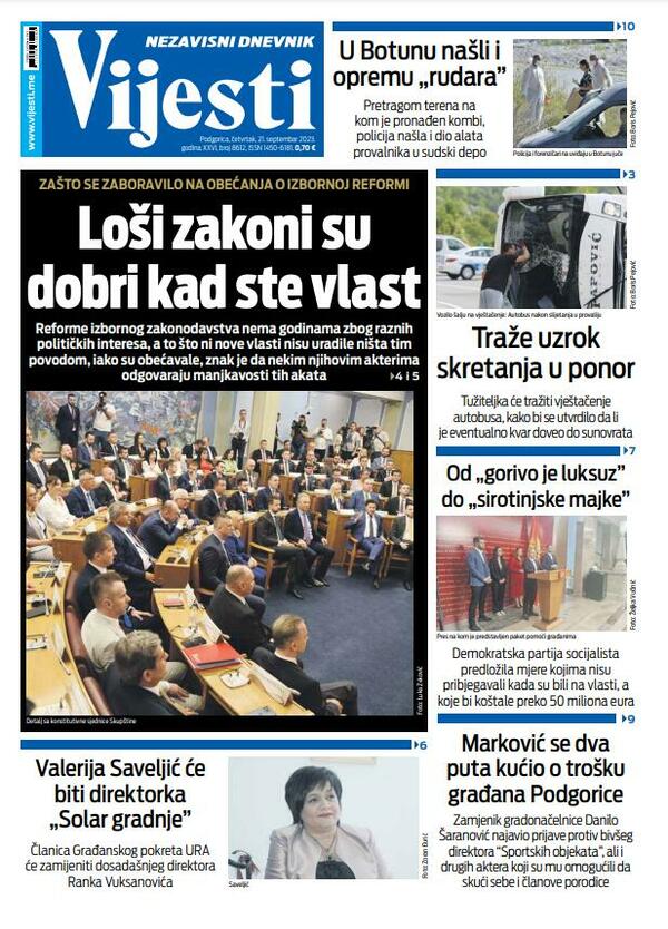 Naslovna strana "Vijesti" za 21. septembar 2023.