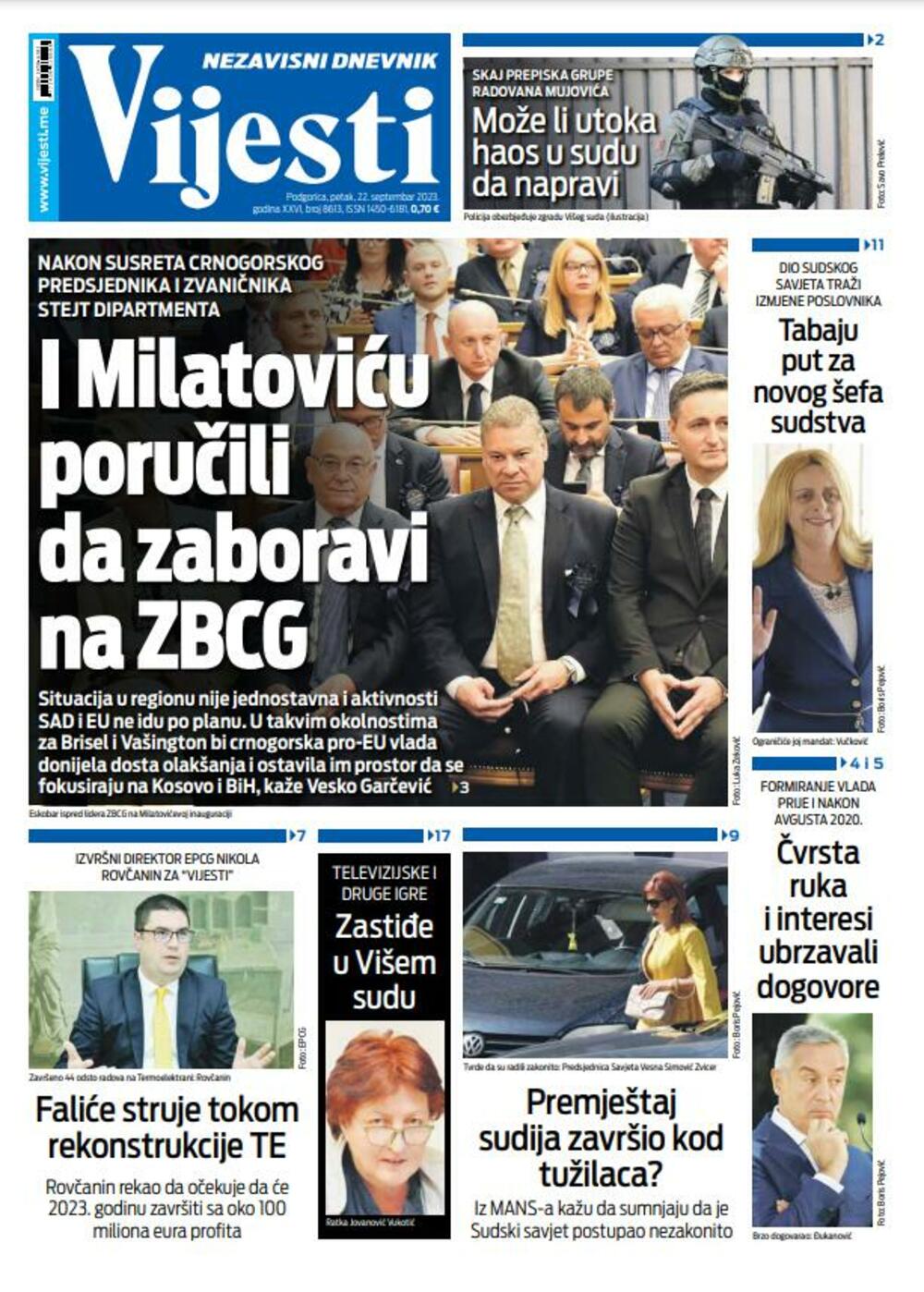 Naslovna strana "Vijesti" za 22. septembar 2023., Foto: Vijesti