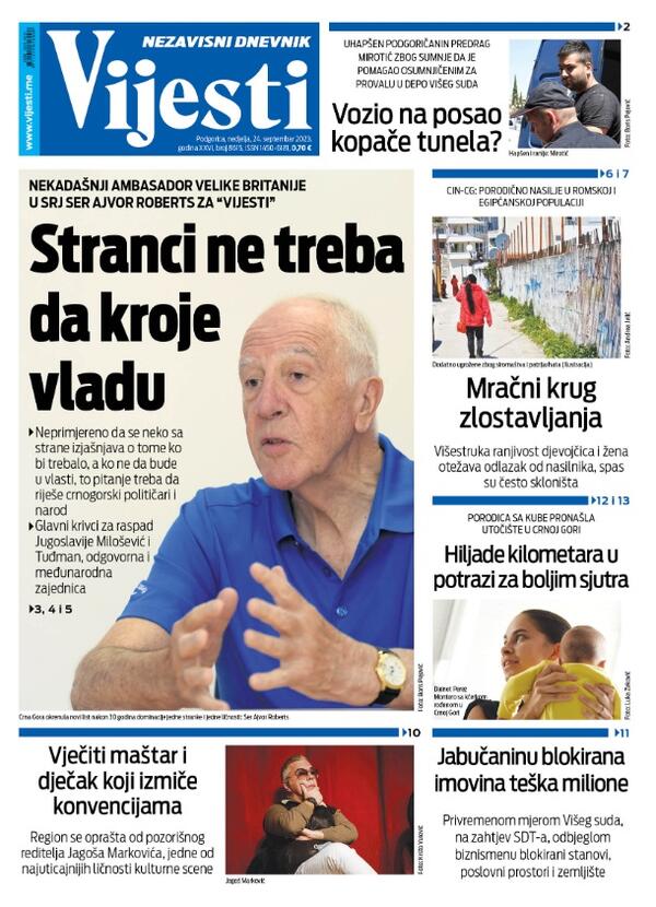 Naslovna strana "Vijesti" za 24. septembar 2023.