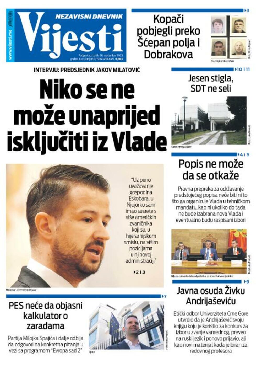 Naslovna strana "Vijesti" za 26. septembar 2023., Foto: Vijesti