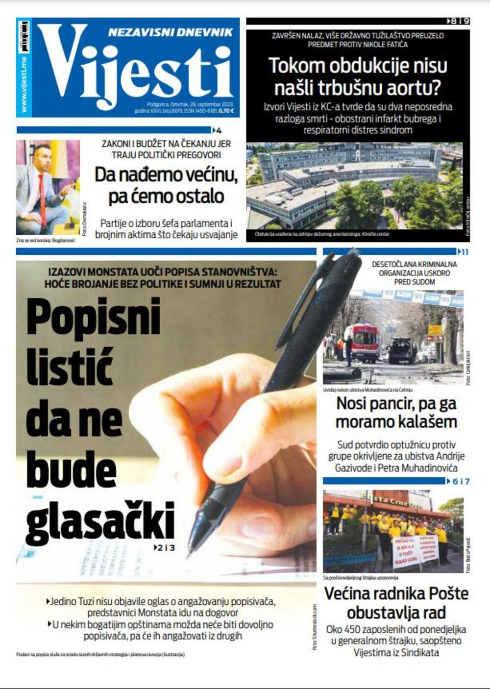 Naslovna strana "Vijesti" za 28. septembar 2023., Foto: Vijesti