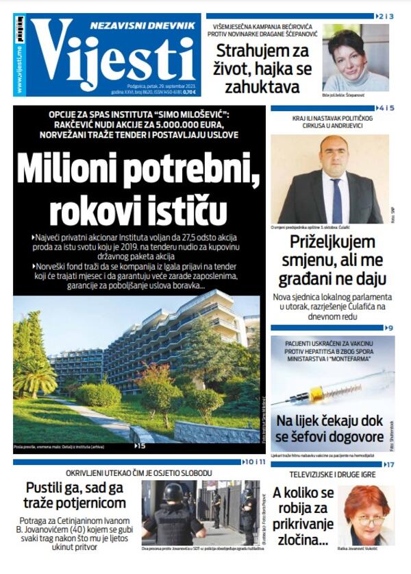 Naslovna strana "Vijesti" za 29. septembar 2023.