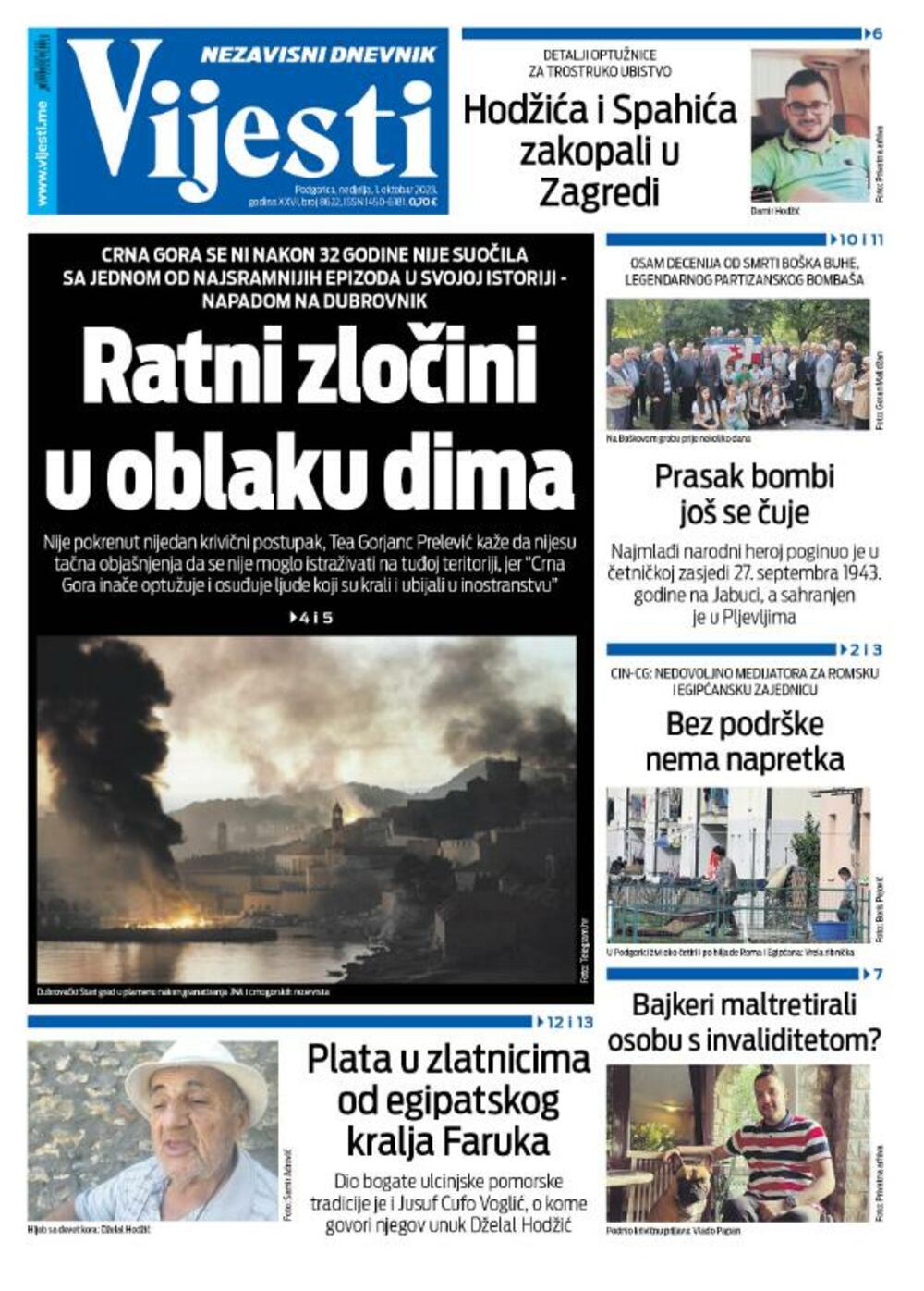 Naslovna strana "Vijesti" za 1. oktobar 2023., Foto: Vijesti
