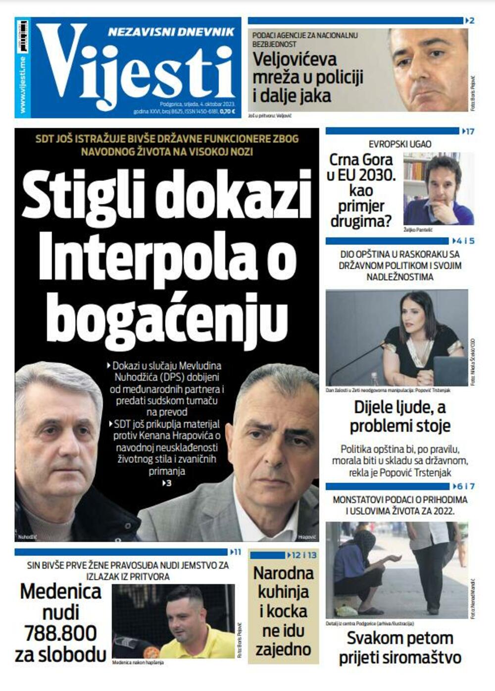 Naslovna strana "Vijesti" za 4. oktobar 2023., Foto: Vijesti