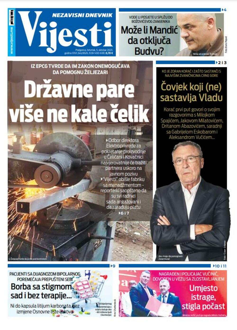 Naslovna strana "Vijesti" za 5. oktobar 2023., Foto: Vijesti