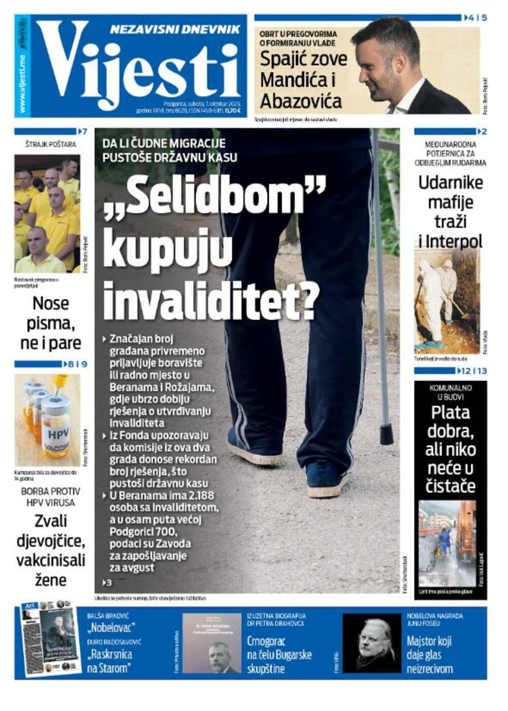 Naslovna strana "Vijesti" za 7. oktobar 2023., Foto: Vijesti
