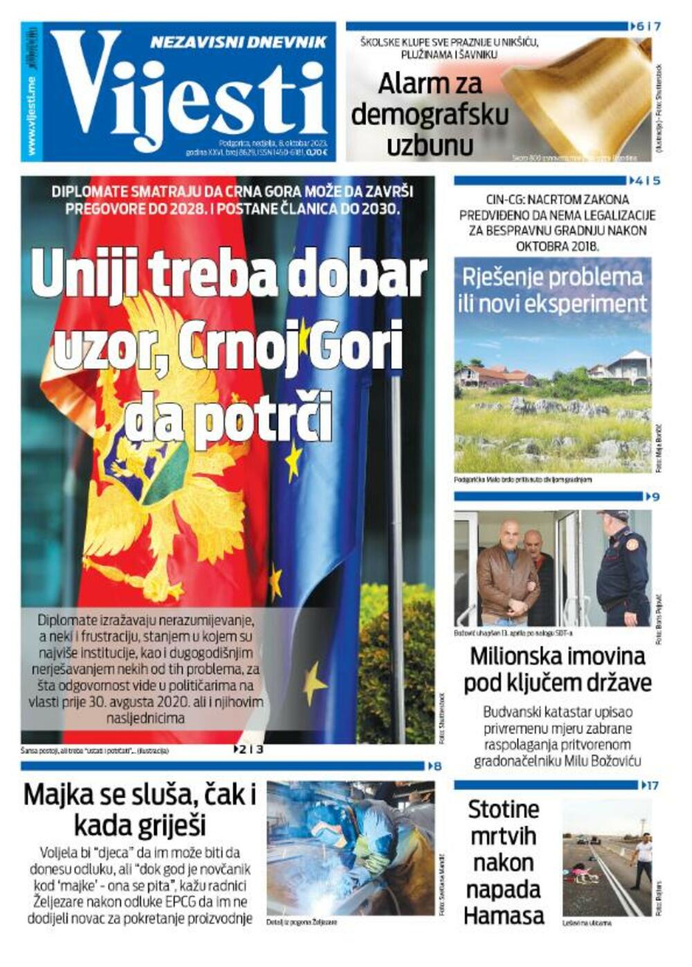 Naslovna strana "Vijesti" za 8. oktobar 2023., Foto: Vijesti