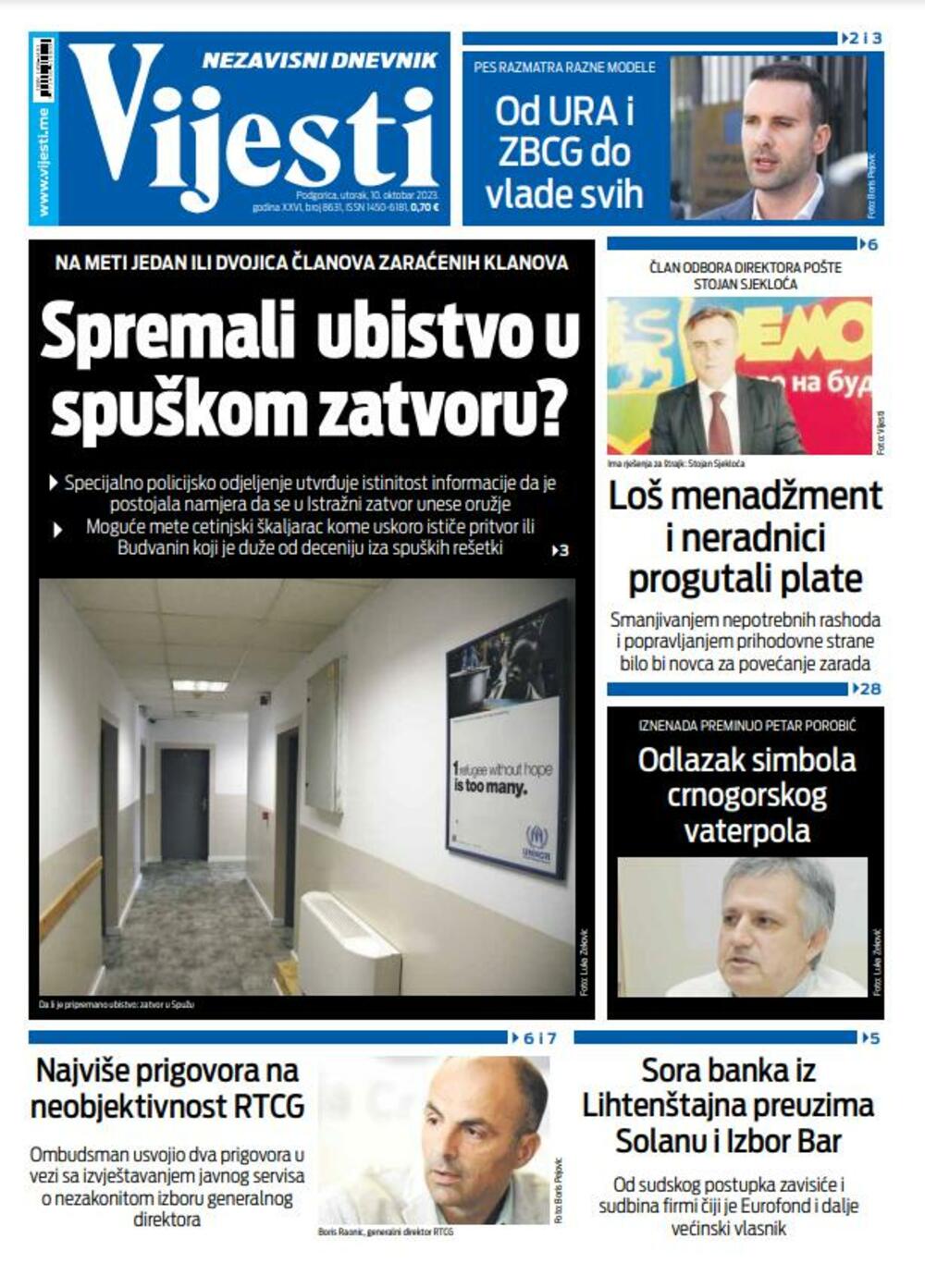 Naslovna strana "Vijesti" za 10. oktobar 2023., Foto: Vijesti