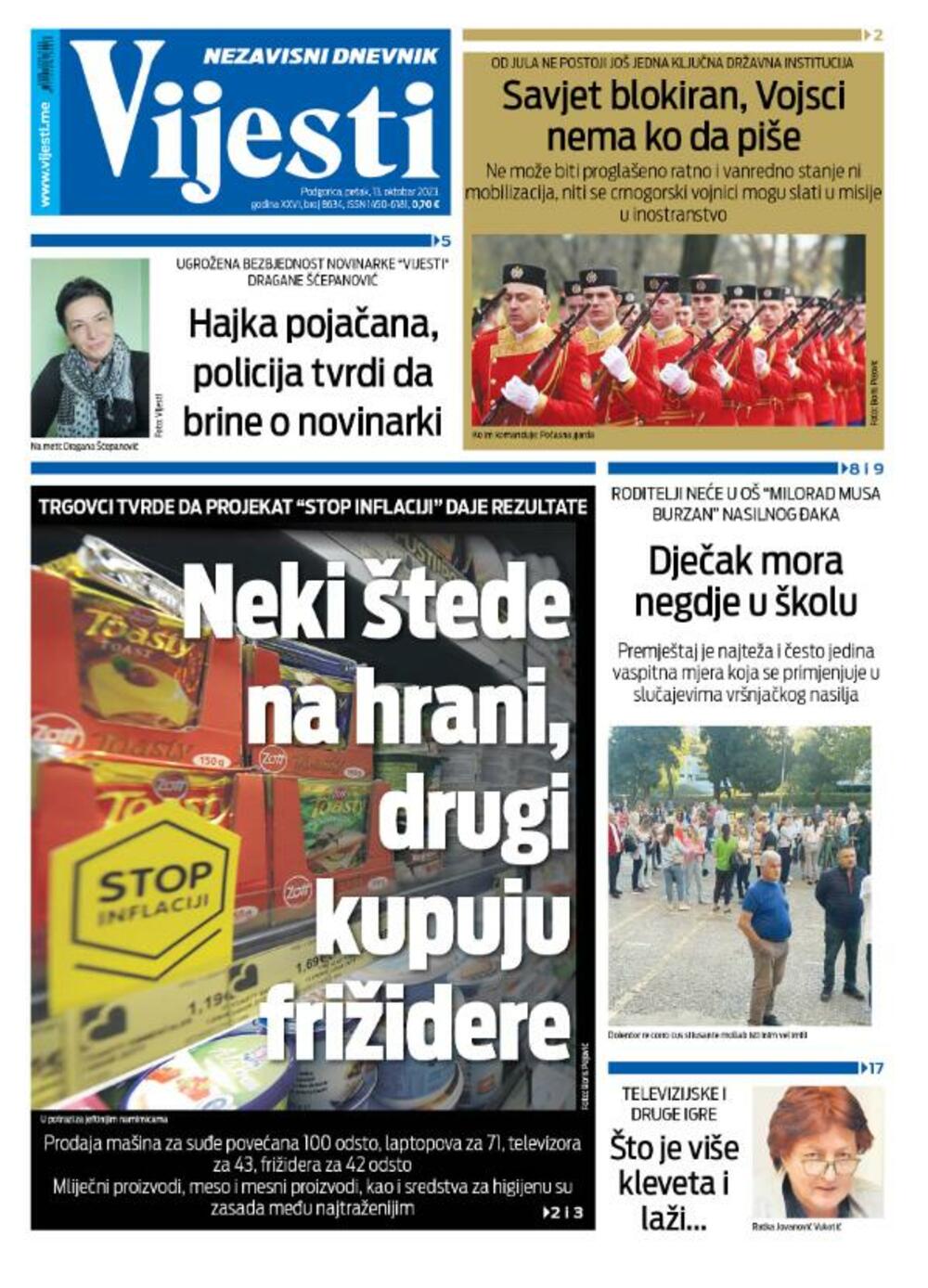 Naslovna strana "Vijesti" za 13. oktobar 2023., Foto: Vijesti