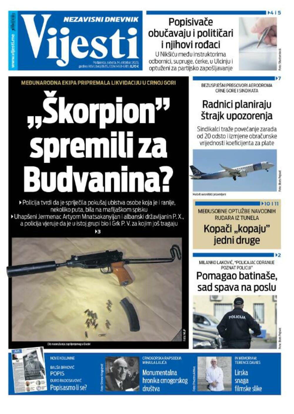 Naslovna strana "Vijesti" za 14. oktobar 2023., Foto: Vijesti