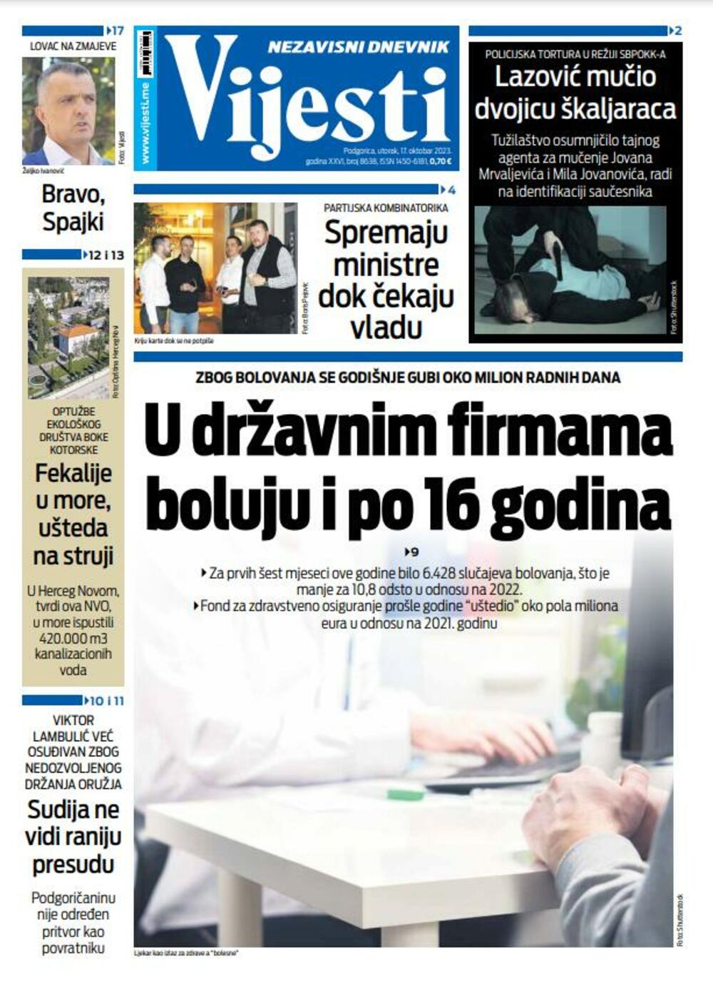 Naslovna strana "Vijesti" za 17. oktobar 2023., Foto: Vijesti