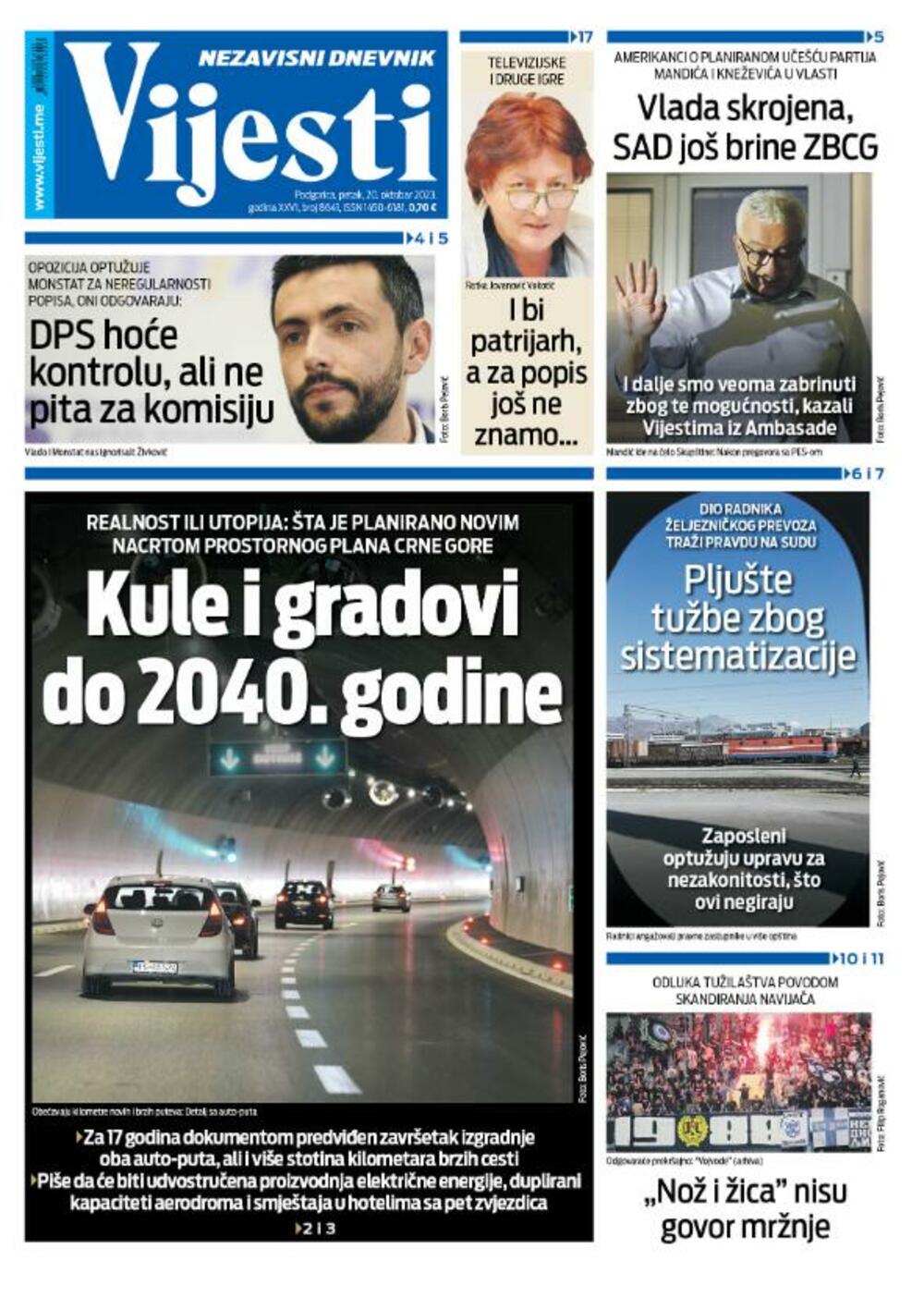 Naslovna strana 'Vijesti' za 20. oktobar 2023.