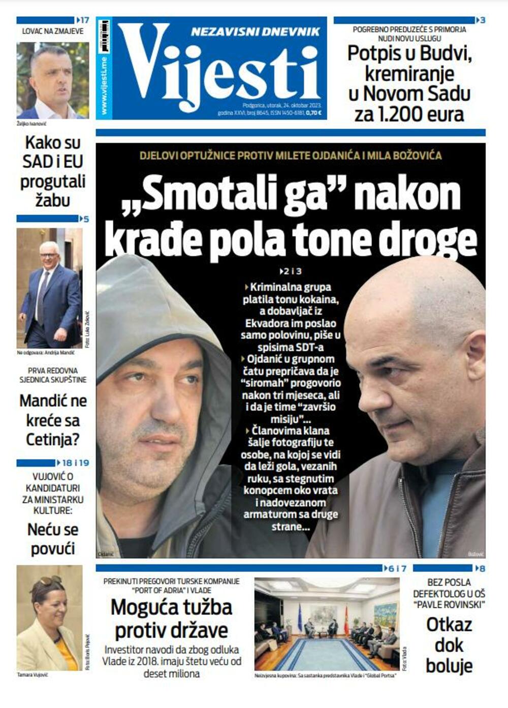 Naslovna strana "Vijesti" za 24. oktobar 2023., Foto: Vijesti