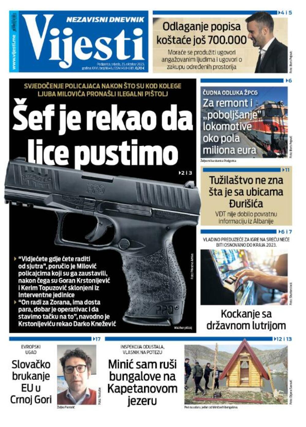 Naslovna strana 'Vijesti' za 25. oktobar 2023.