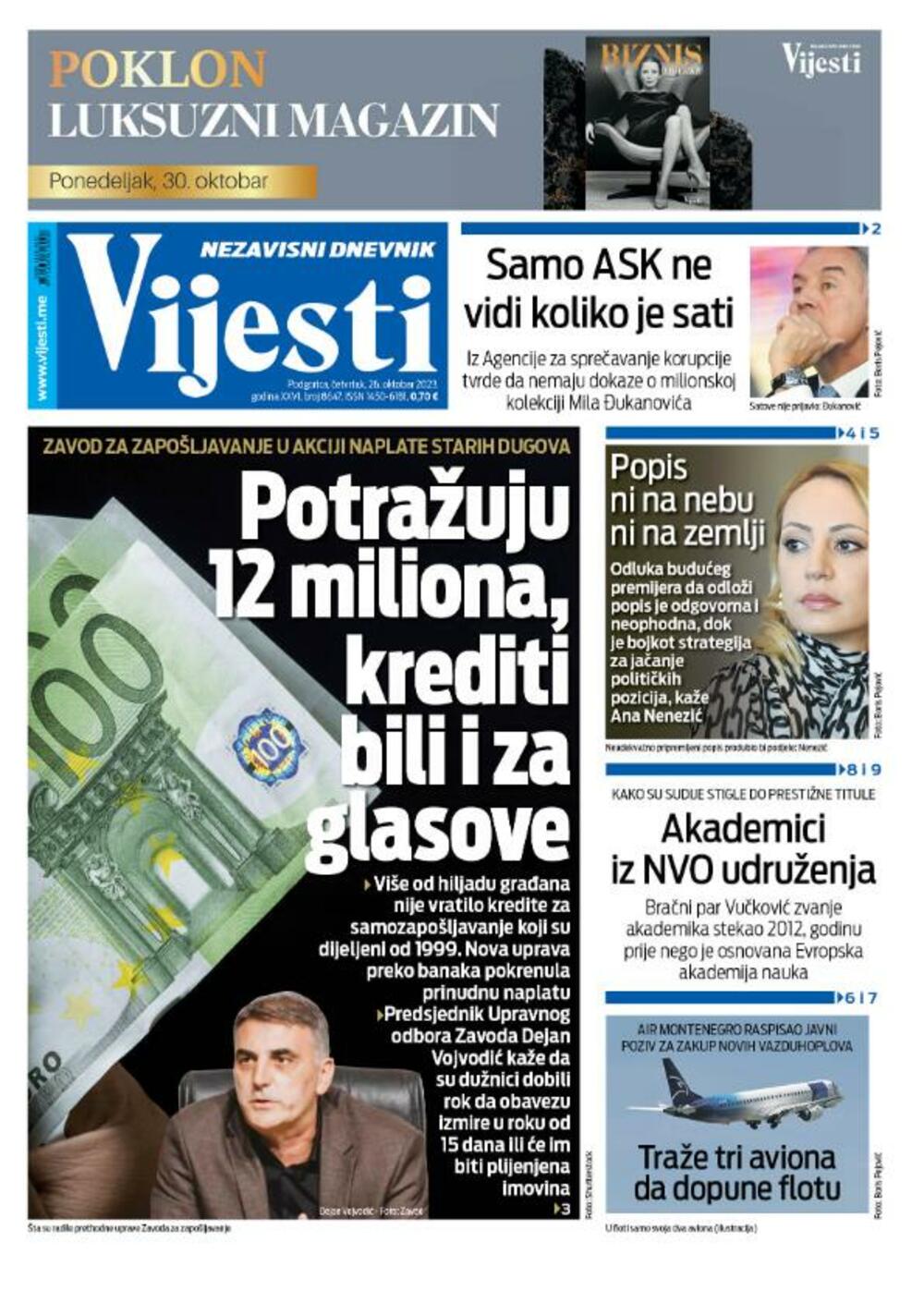 Naslovna strana "Vijesti" za 26. oktobar 2023., Foto: Vijesti