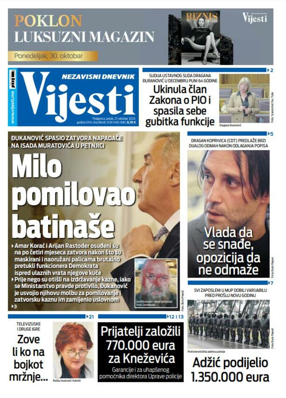Naslovna strana "Vijesti" za 27. oktobar 2023., Foto: Vijesti