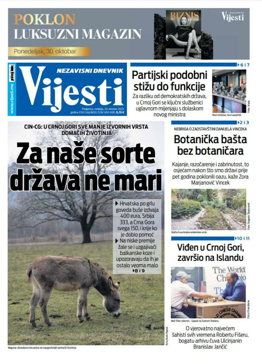 Naslovna strana "Vijesti" za 29. oktobar 2023., Foto: Vijesti