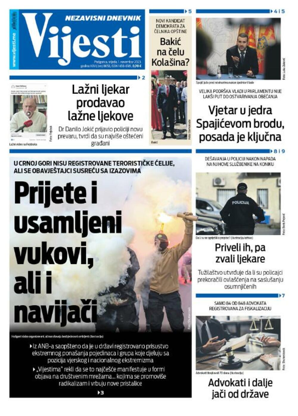 Naslovna strana "Vijesti" za 1. novembar 2023., Foto: Vijesti