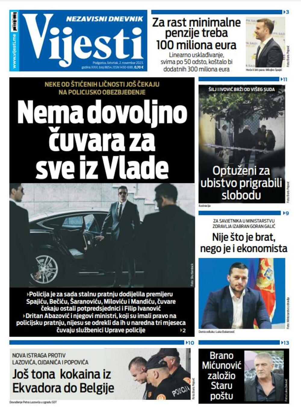Naslovna strana "Vijesti" za 2. novembar 2023., Foto: Vijesti