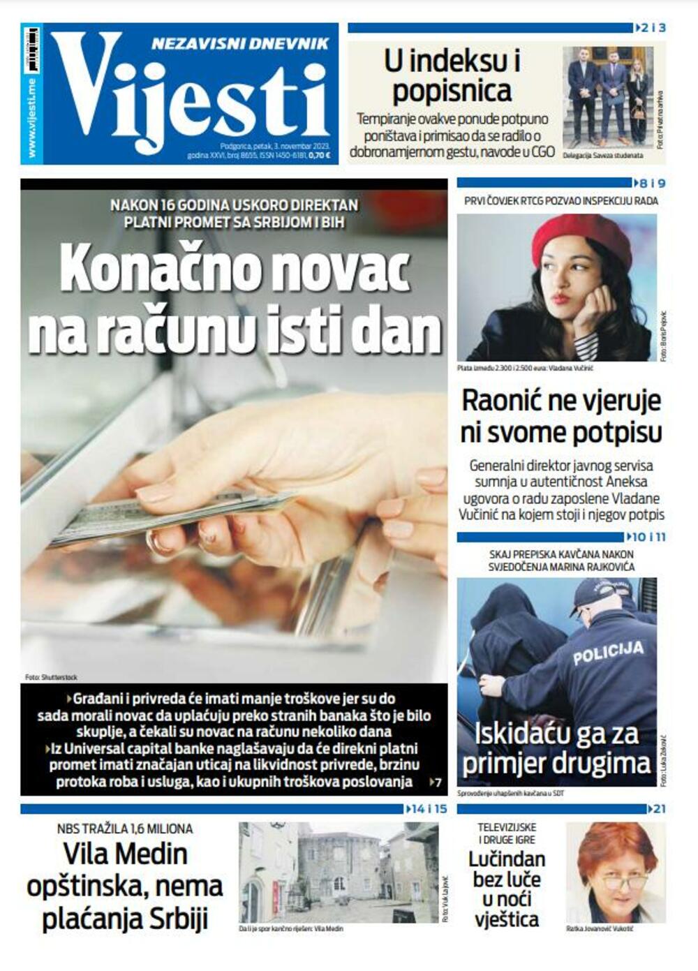 Naslovna strana "Vijesti" za 3. novembar 2023., Foto: Vijesti