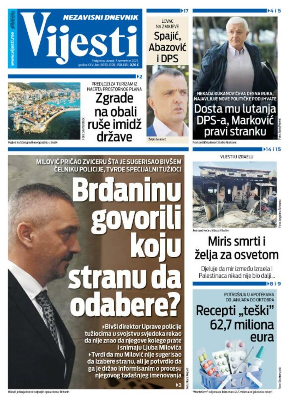 Naslovna strana "Vijesti" za 7. novembar 2023., Foto: Vijesti