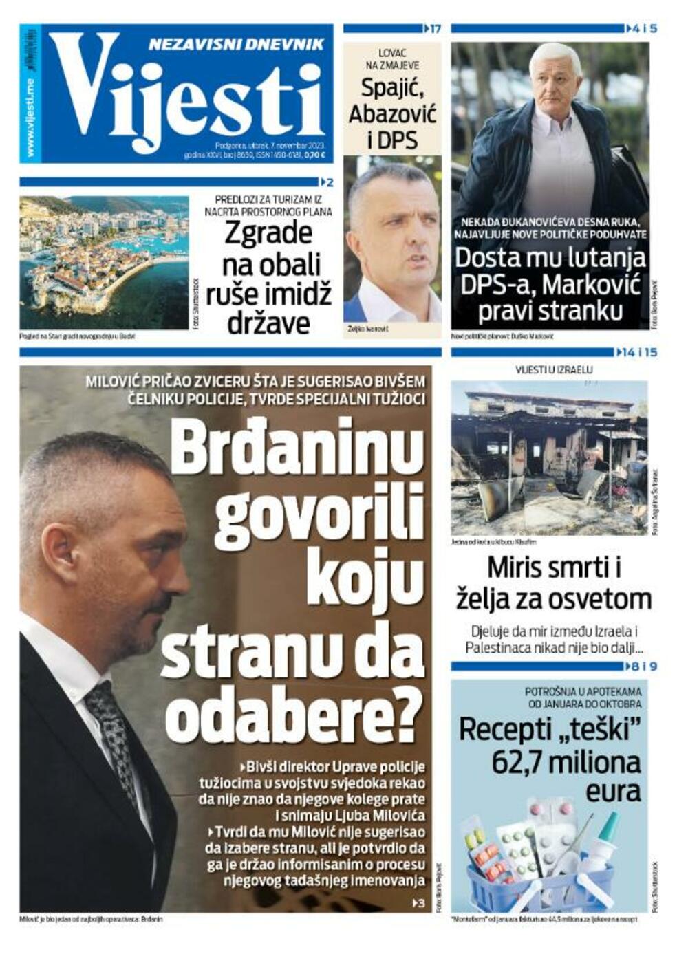 Naslovna strana 'Vijesti' za 7. novembar 2023.