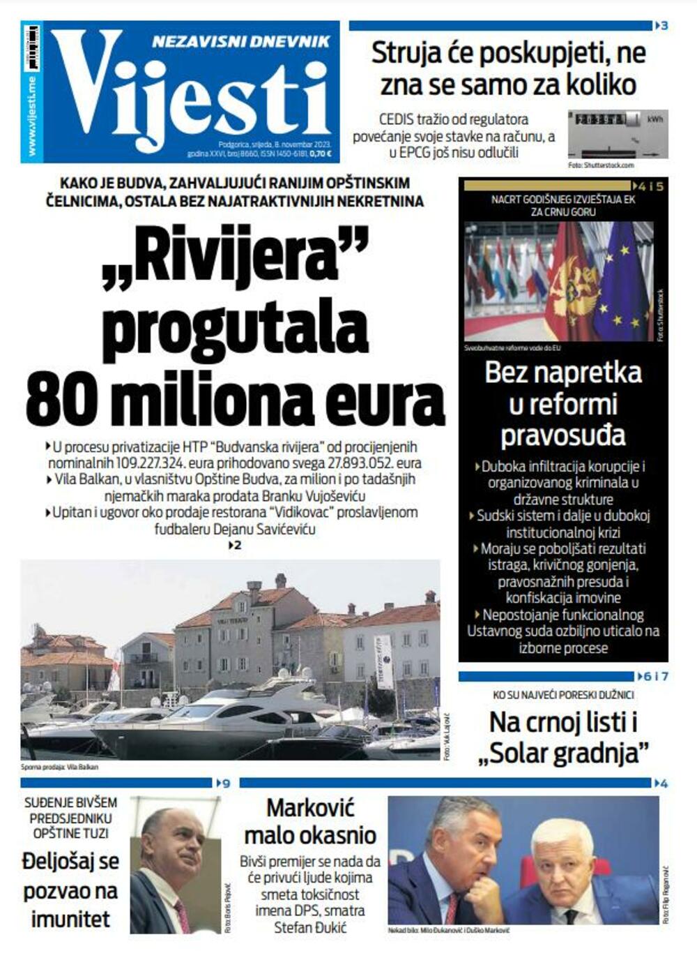 Naslovna strana "Vijesti" za 8. novembar 2023., Foto: Vijesti
