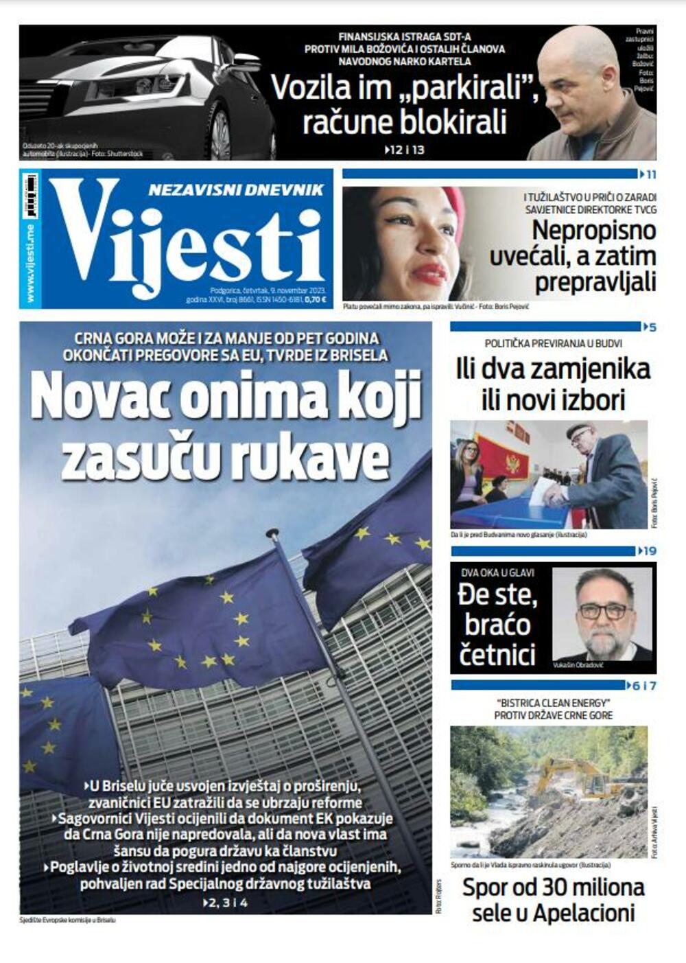 Naslovna strana "Vijesti" za 9. novembar 2023., Foto: Vijesti