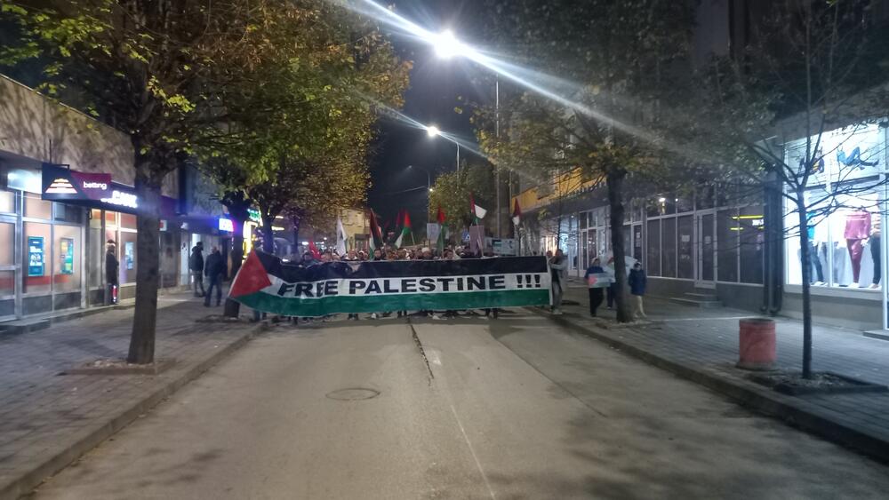 <p>Građani su nosili palestinske zastave i transparente.</p>