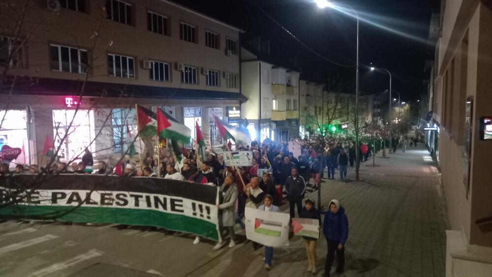<p>Građani su nosili palestinske zastave i transparente.</p>