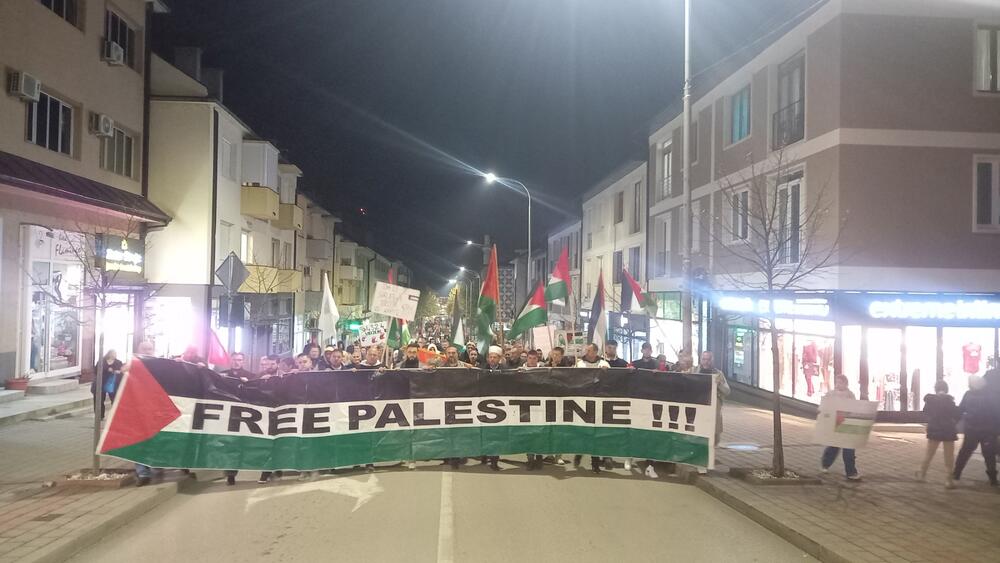 <p>Građani su nosili palestinske zastave i transparente.</p>