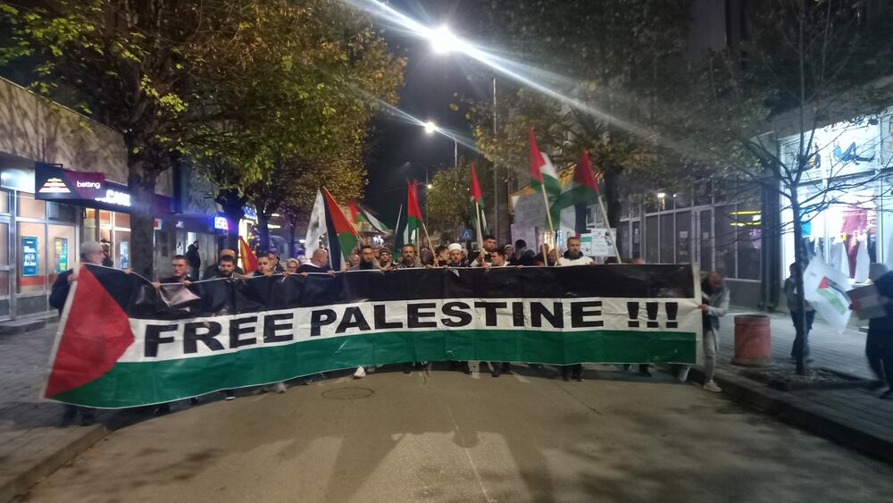 <p>Građani su nosili palestinske zastave i transparente.</p>