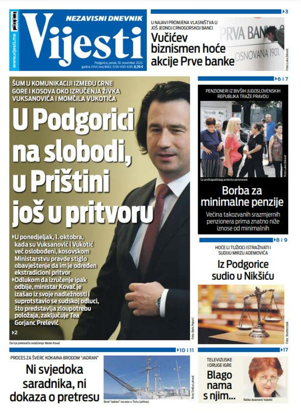 Naslovna strana "Vijesti" za 10. novembar 2023., Foto: Vijesti