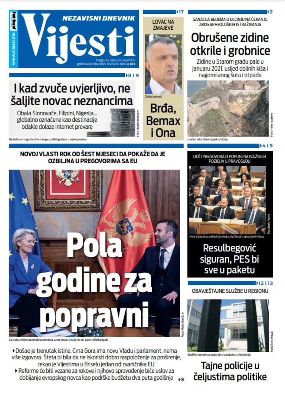 Naslovna strana "Vijesti" za 15. novembar 2023., Foto: Vijesti