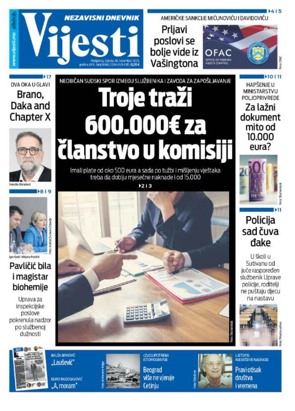Naslovna strana "Vijesti" za 18. novembar 2023., Foto: Vijesti