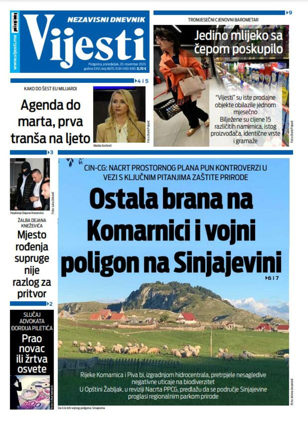 Naslovna strana "Vijesti" za 20. novembar 2023., Foto: Vijesti