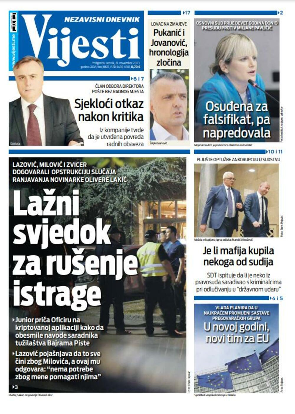 Naslovna strana "Vijesti" za 21. novembar 2023., Foto: Vijesti