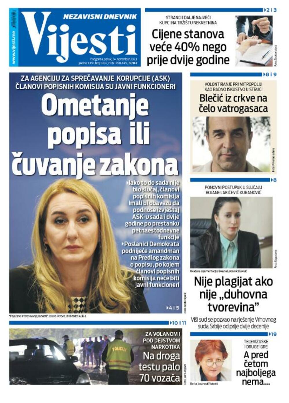 Naslovna strana "Vijesti" za 24. novembar 2023., Foto: Vijesti